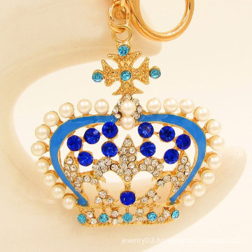 2015 Promotional gift keyrings rhinestone pearl metal Crown keychain wholesale